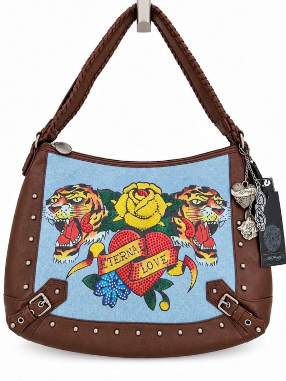 Ed Hardy Eternal Love Tiger Rhinestone Denim Brown Hobo Bag NWT